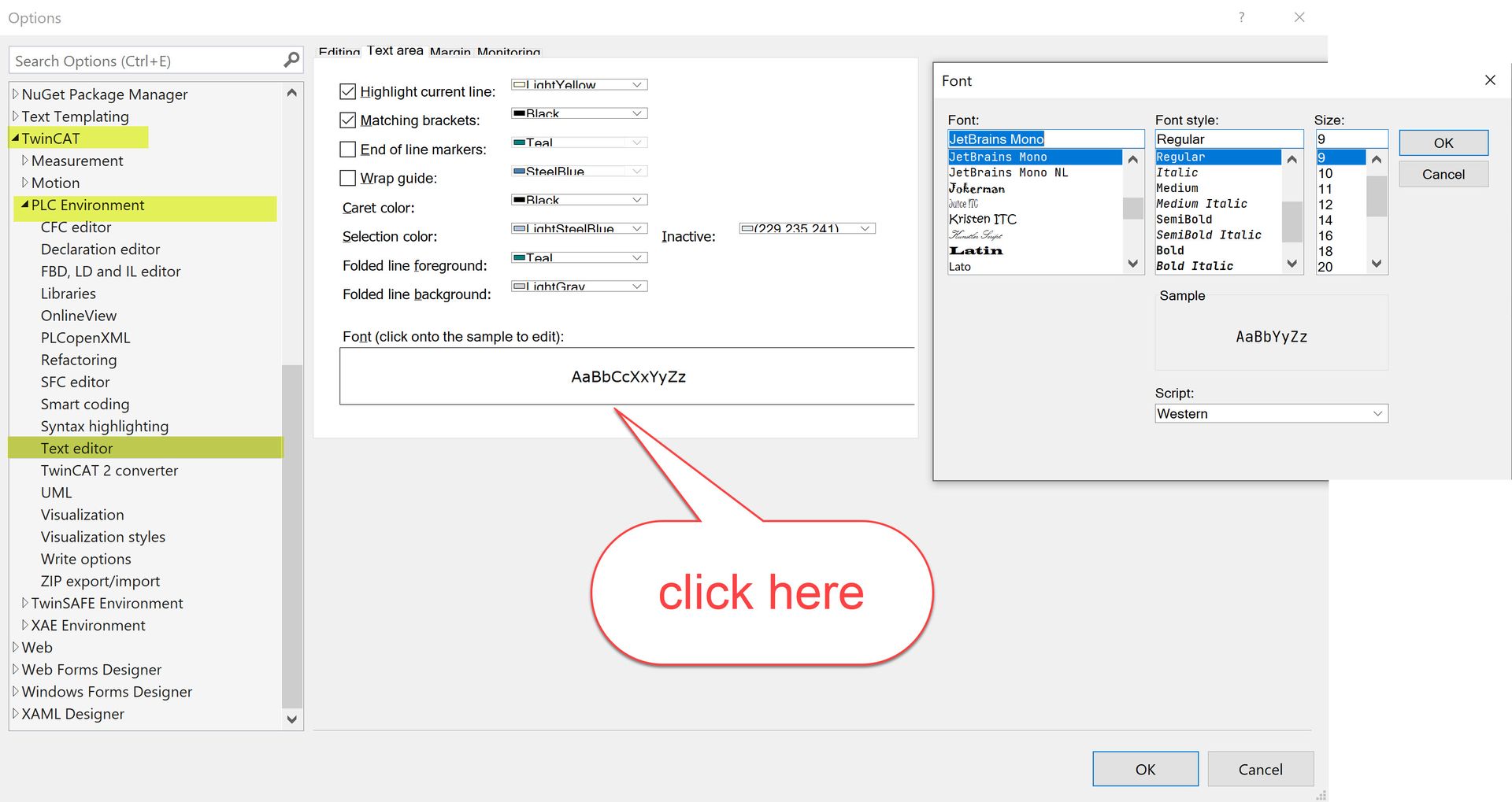 Text editor font settings